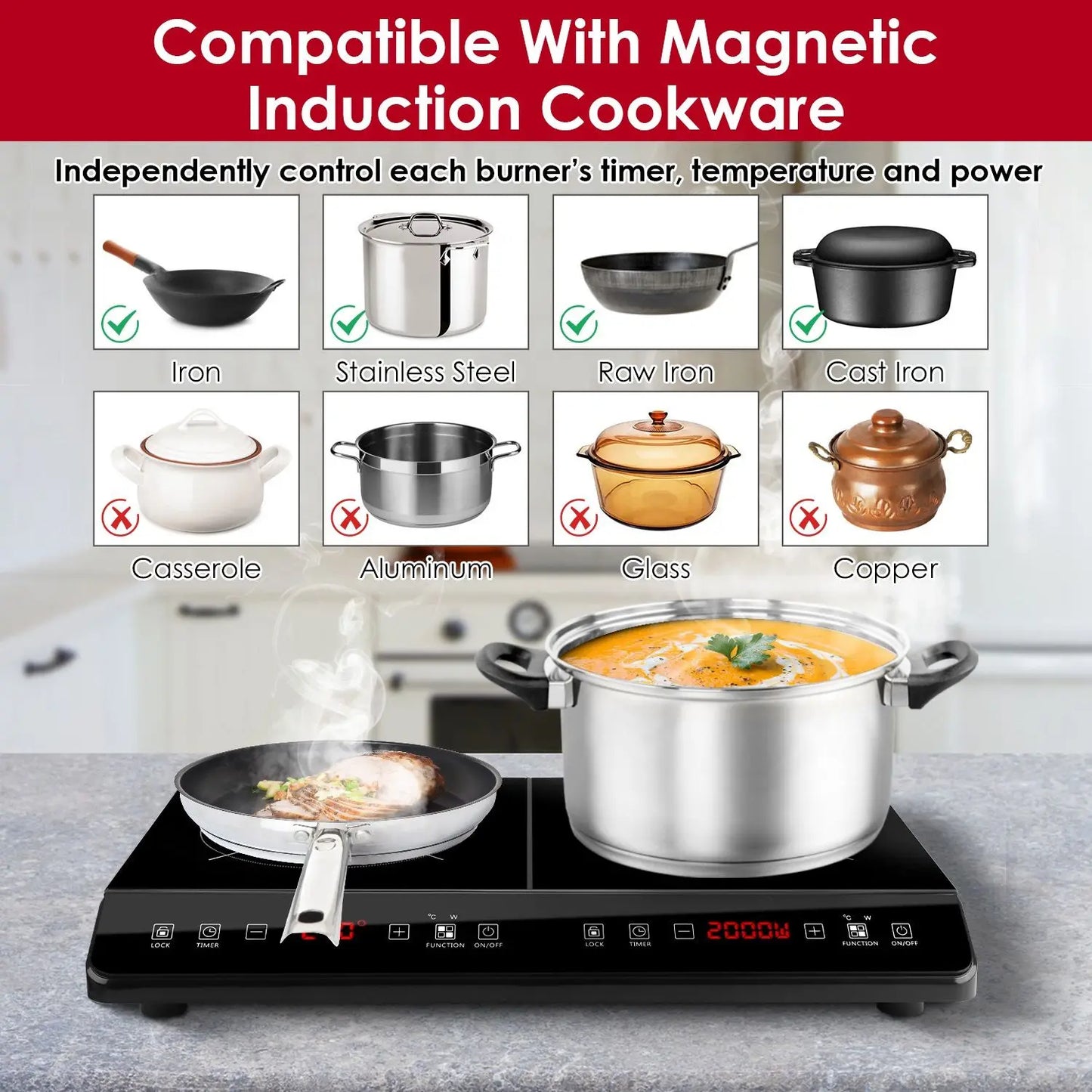 4000W High Power Dual Pot Electric Stove Induction Cooktop Cooker Plate Kitchen 110V Fast Heating Durable Sturdy Cooking Stove