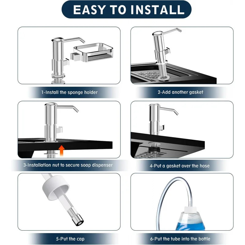 Under Counter Sink Soap Dispenser Pump with 39 Extension Tube Kit, Built in ABS Kitchen Dish Soap Dispensers with Sponge Holder