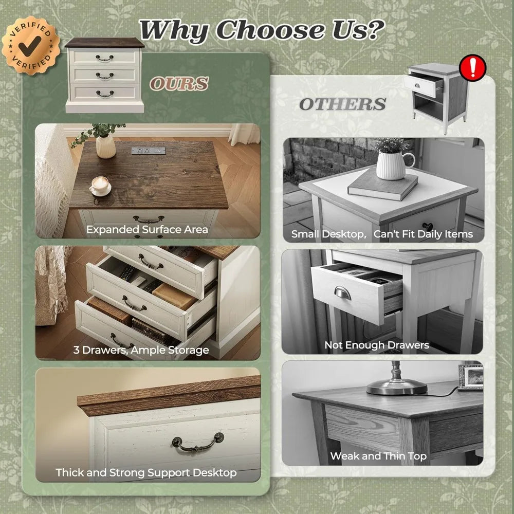 Nightstand With Charging Station 3 Drawer Set With Storage