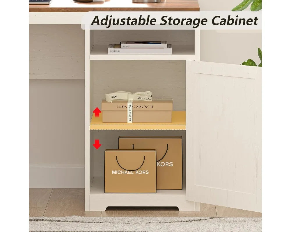 63" L-Shaped Corner Computer Desk with Drawers, Storage Shelf, Power Outlets and Monitor Stand, Antique White