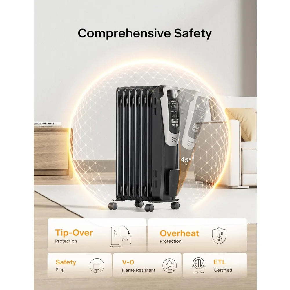 Quiet Oil Filled Radiator Heater with Remote, Thermostat & LED Display, Overheat Protection for Large Rooms
