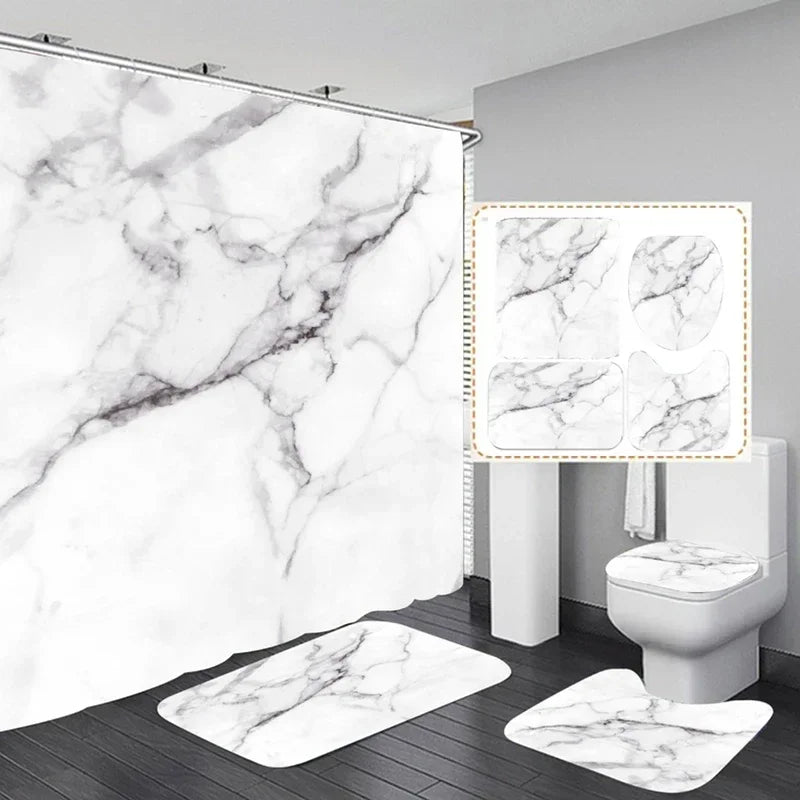 3D Marble Shower Curtain Set Non Slip Bath Rug Waterproof Bathroom with Hooks Modern Style Toilet Lid Cover Home Decor