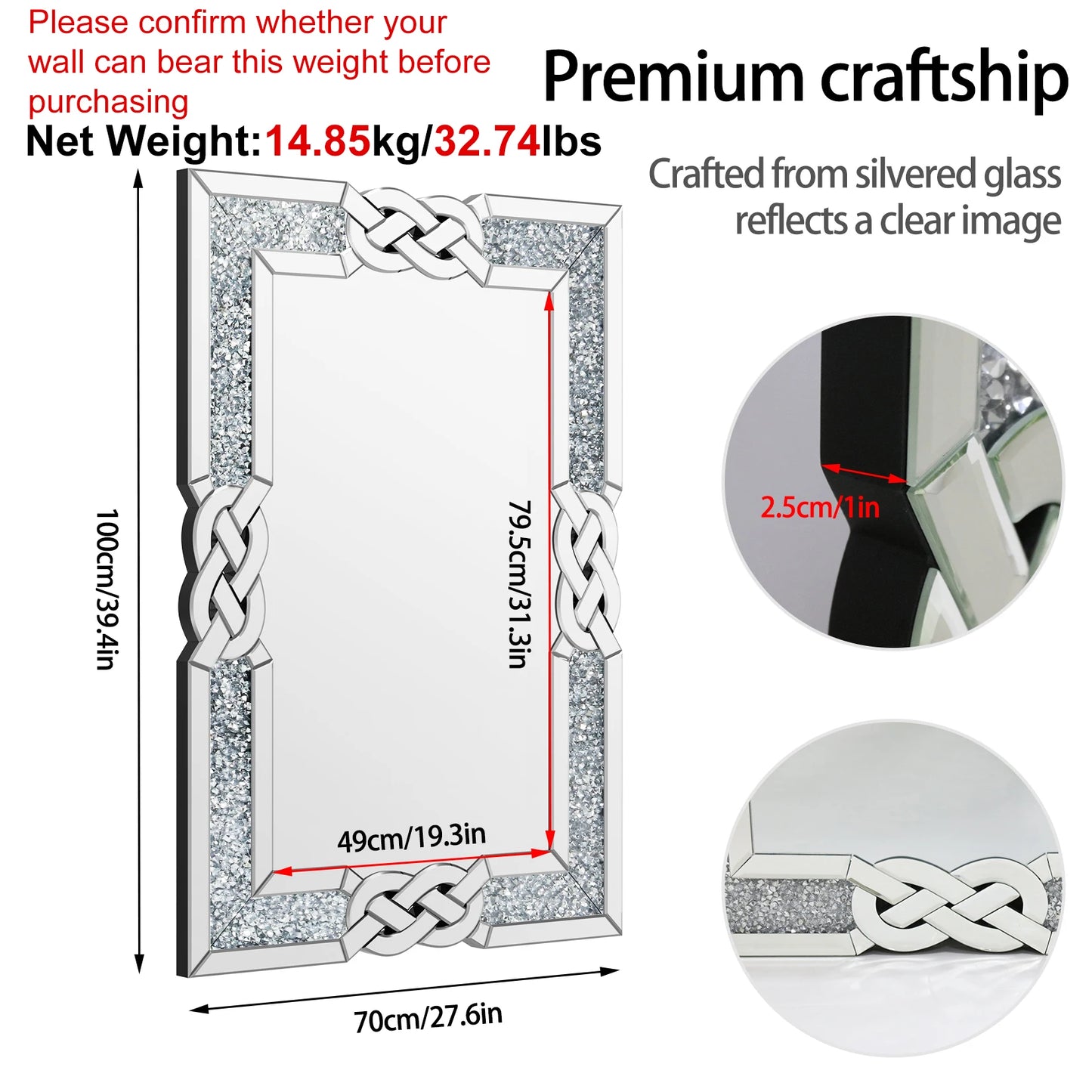Hign-concerned Crystal Accent Rectangle Mirror Wall Decor