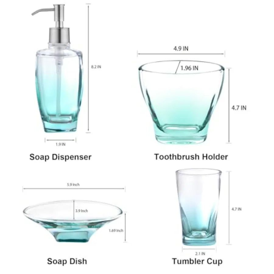 Teal Glass Bathroom Accessories Set 5 Pieces Green Bathroom Set with Soap Dispenser Toothbrush Holder 2 Tumbler Cups Soap Dish