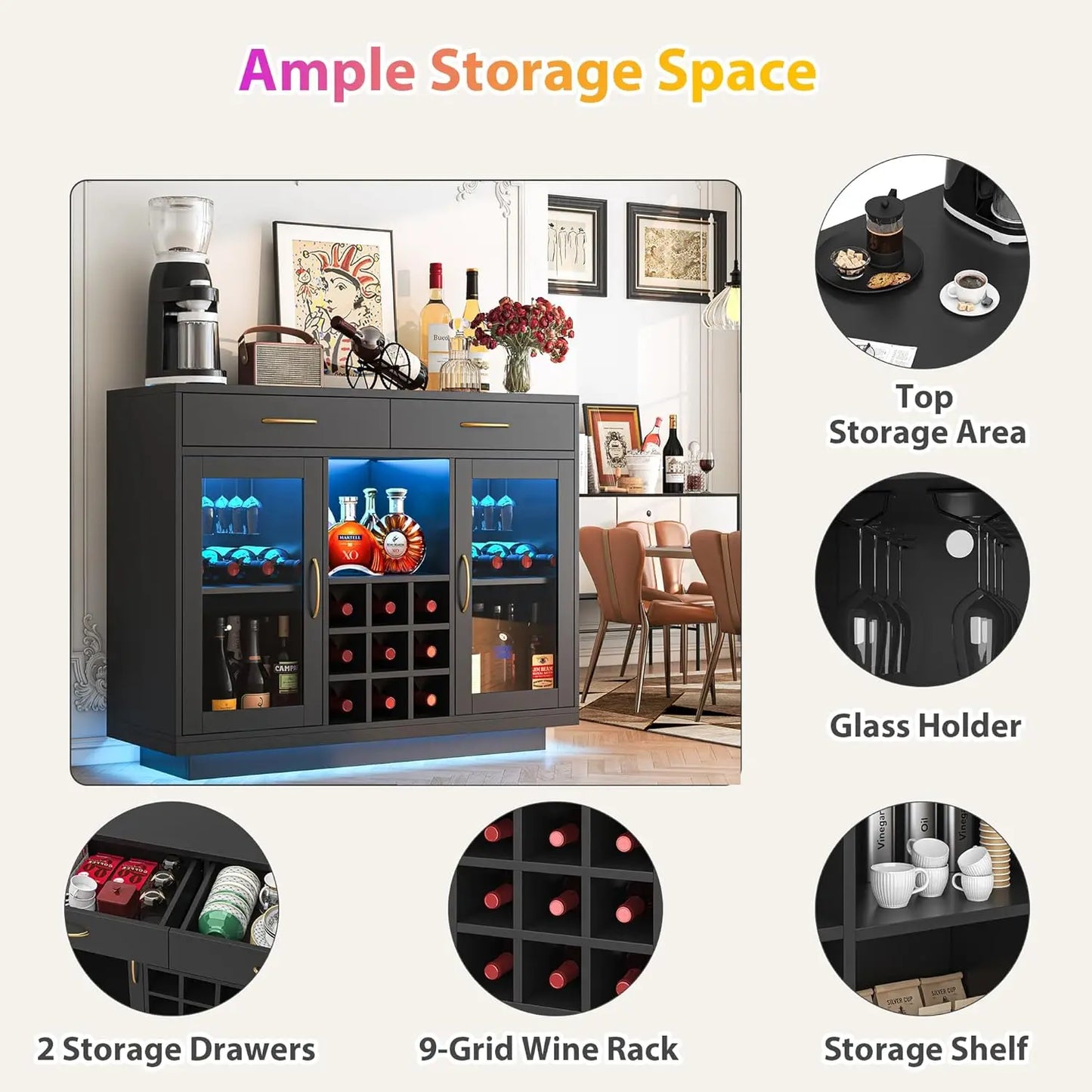 LED Wine Bar Cabinet with Glass Rack, Black Kitchen Buffet Sideboard for Living Room Storage
