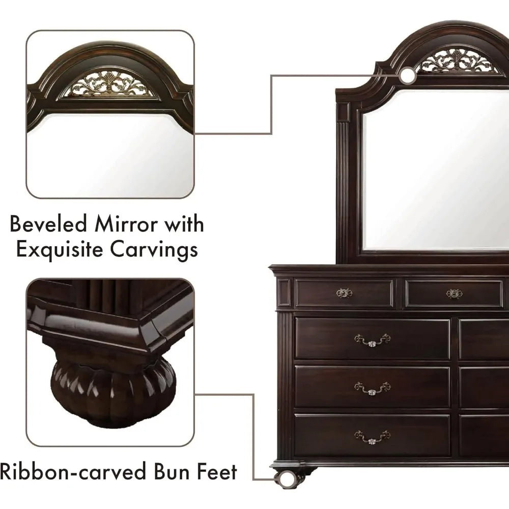 24/7 Shop at Home Syracuse 6-Piece Traditional Solid Wood Bedroom Set with Chest, Mirrored-Dresser and 2 Nightstands, Box Spring