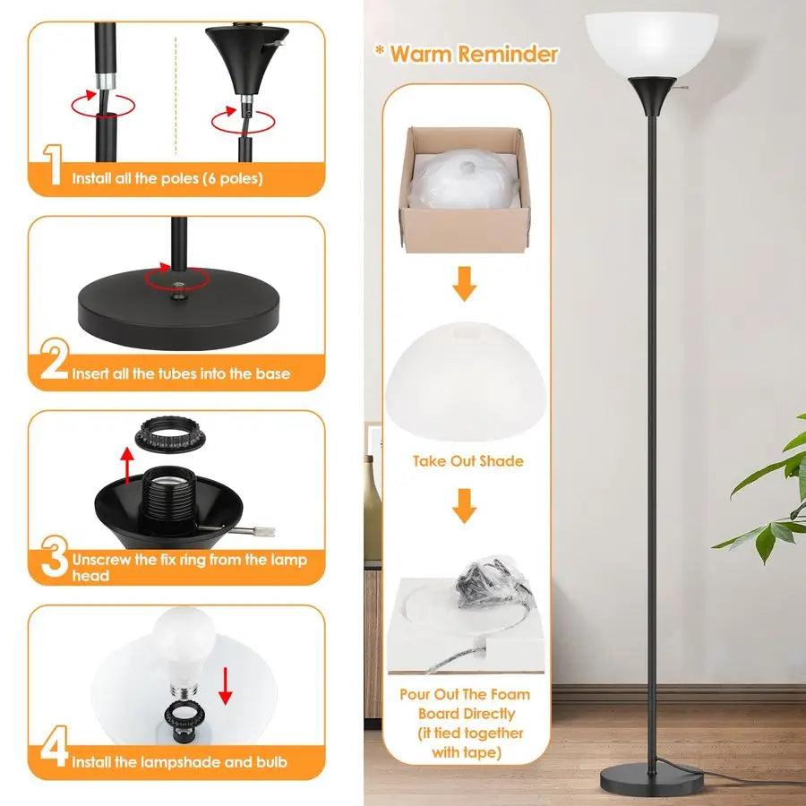 Lamp, LED Standing Lamps with White Plastic Shade, Black Modern Torchiere Floor Lamp, Tall Lamps for Living Room Dorm, Bulb not
