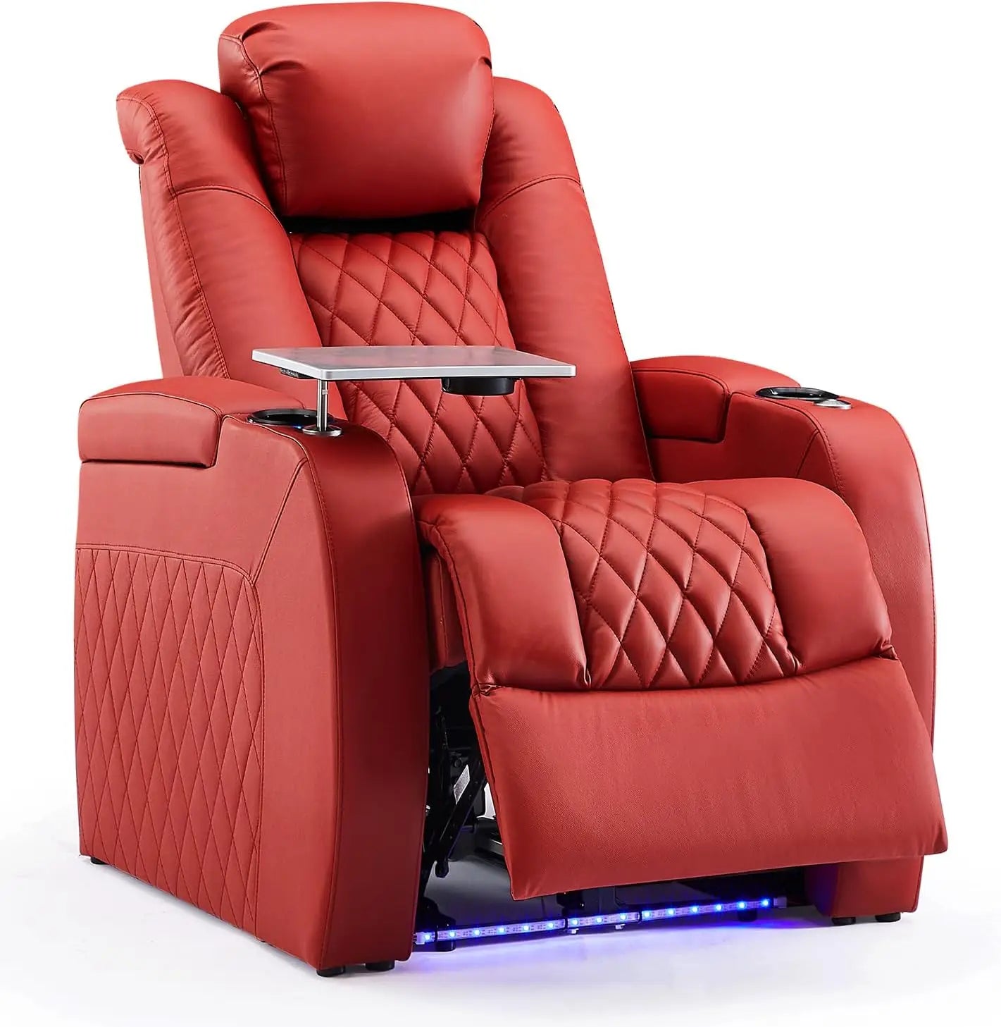 Home Theater Seating Top Grain Leather Recliner Chair,with Tray Table Type-C USB Charge Cup Holders Row of 1 Black
