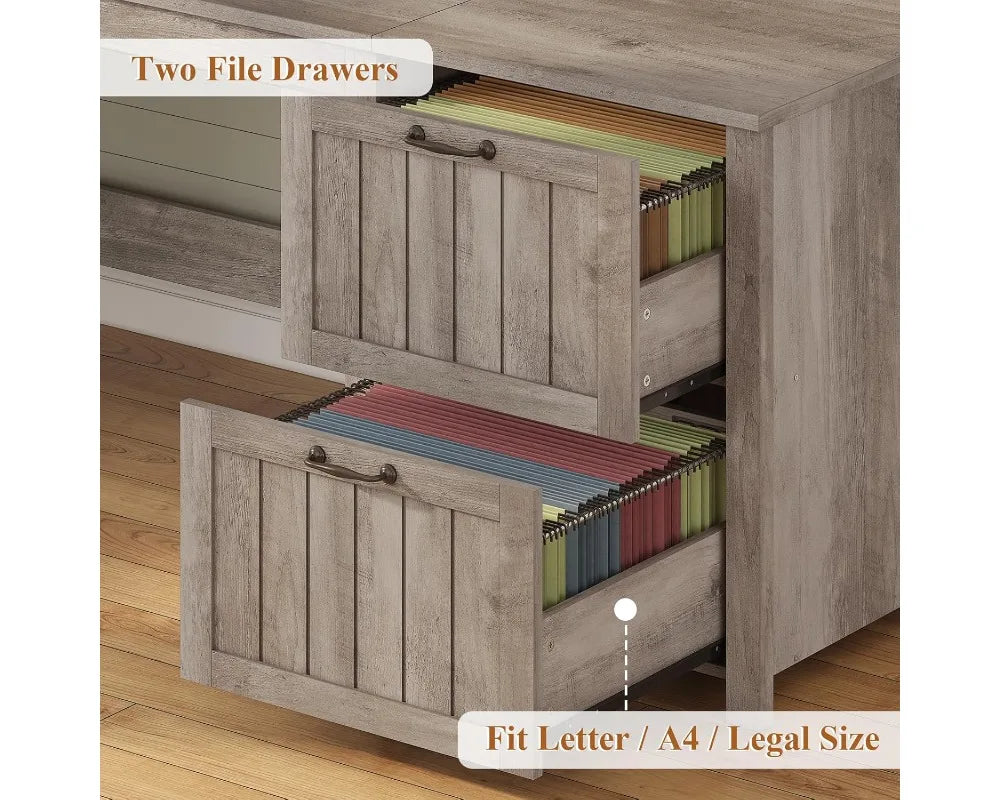 Grey 63" Farmhouse Wood Desk with Drawers, Storage Cabinet & Monitor Stand