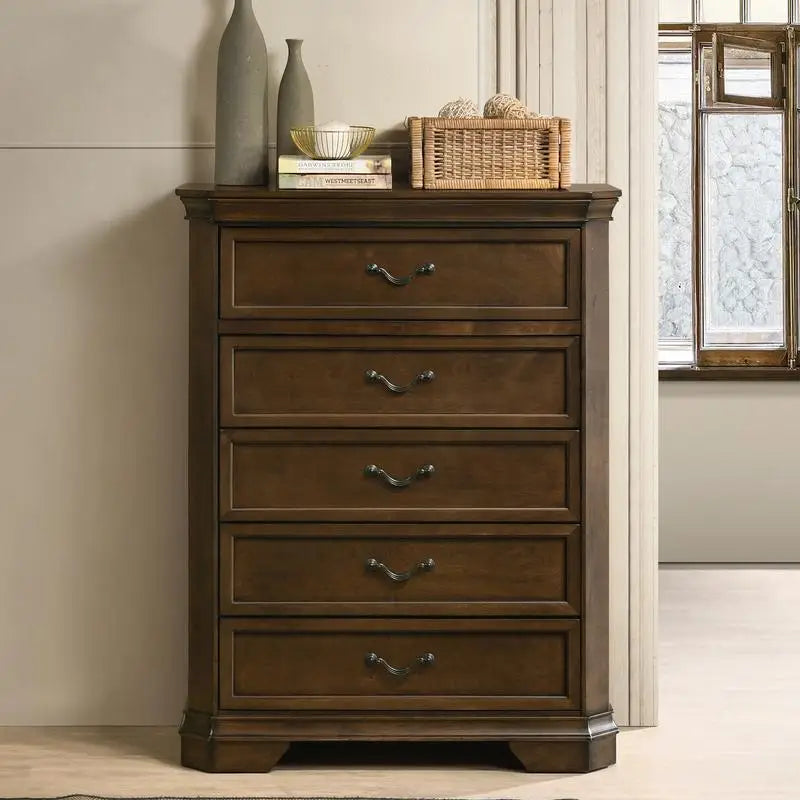 Traditional Wood Panel King Bed Set with Dresser, Mirror, 2 Nightstands & Chest - 6 Pieces