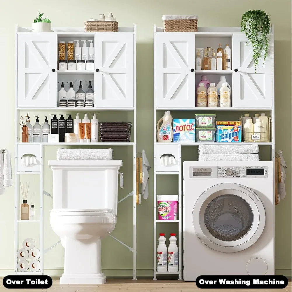 32W Over The Toilet Storage Cabinet with Metal Frame and 7 Storage Shelves, Bathroom Organizer with Adjustable Shelves and Paper