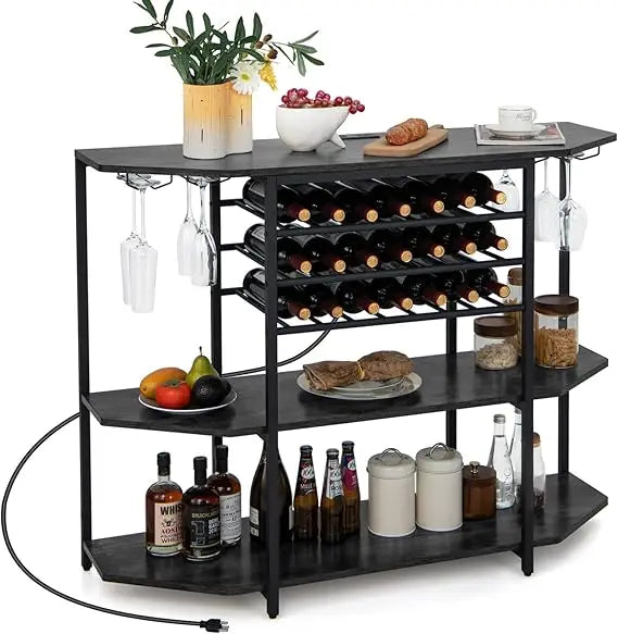 Bar Table Cabinet with Power Outlet & USB Port, 21 Bottle Wine Rack & Glass Holder, 3 Tier Mini Coffee Bar Stand for Liquor, In