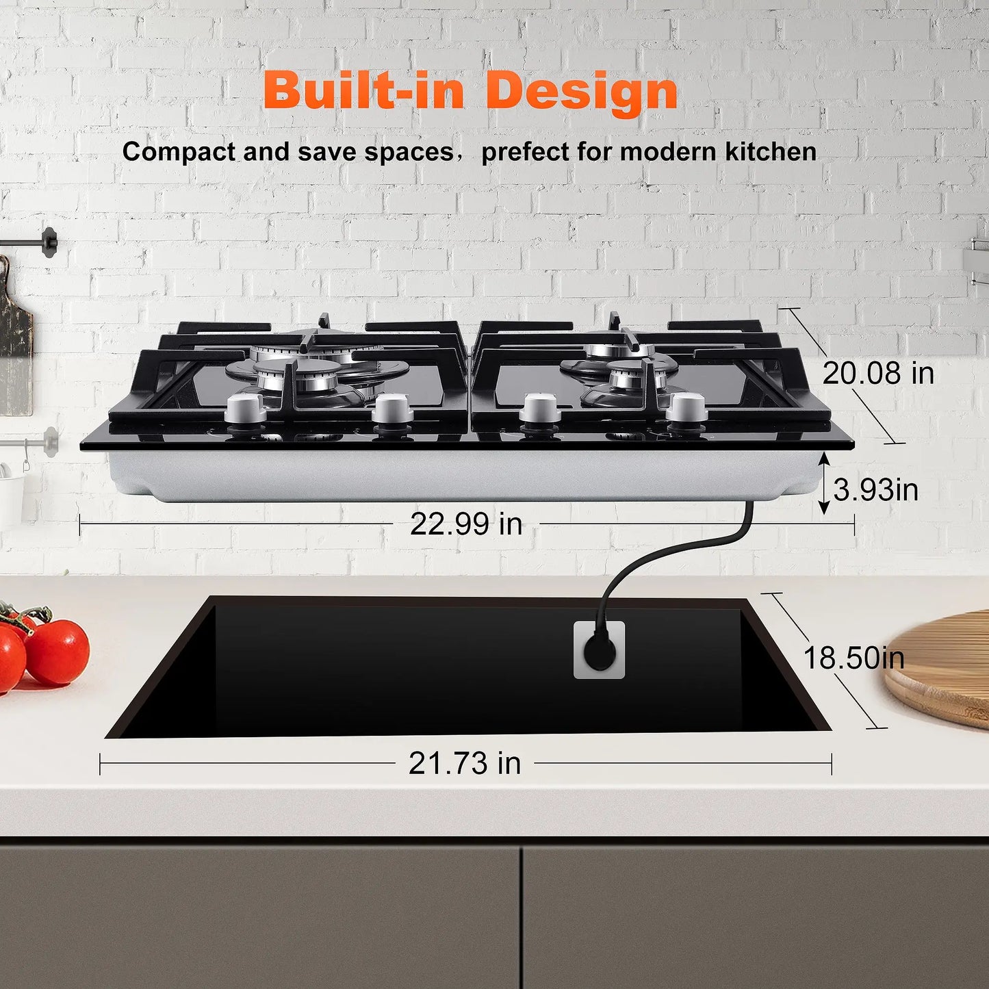 Tieasy 24 Inch 4 Burner Built-in Tempered Glass NG/LPG Convertible Thermocouple Protection Child lock Gas Cooktop GH003-244G