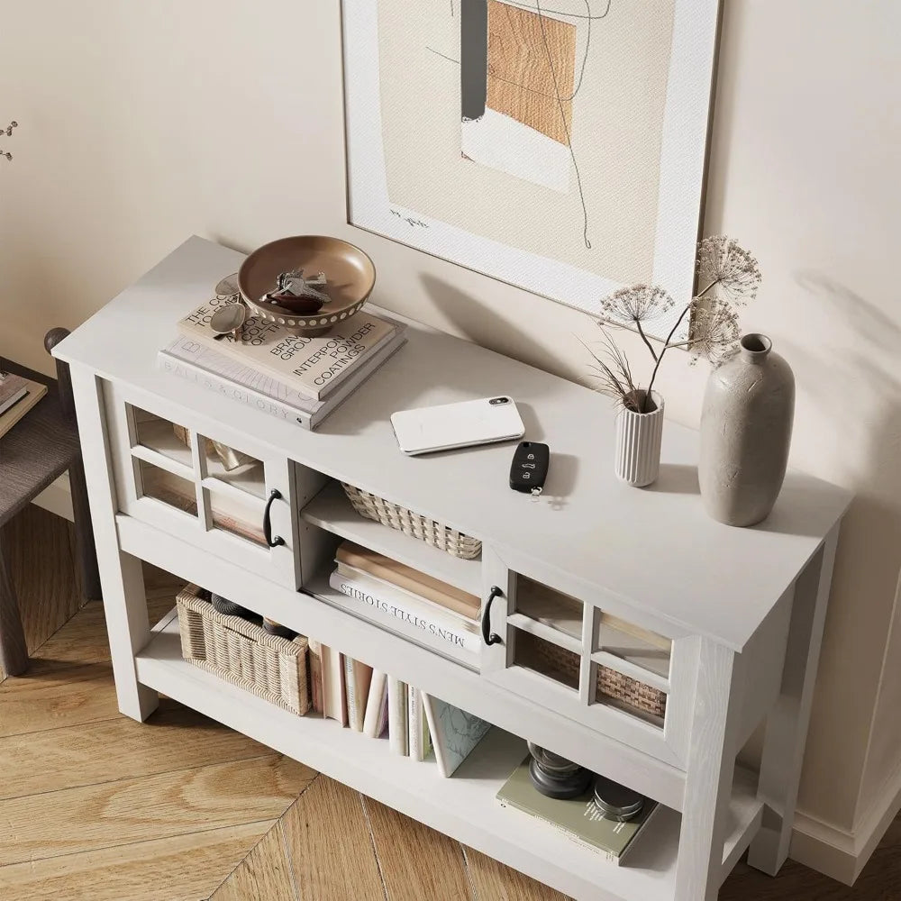 46“ Console Table with Sliding Glass Doors, Coffee Bar, Modern Entryway Table with Storage Shelf, Sofa Table Behind Couch, Buff