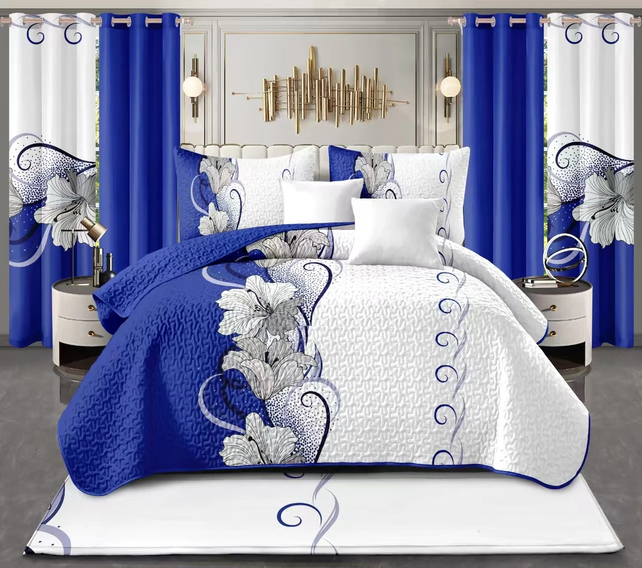 Blue White Floral Quilt Bedding Set 3 Pieces Luxury Soft Bedspread Pillowcases Curtains For Bedroom Home Decor
