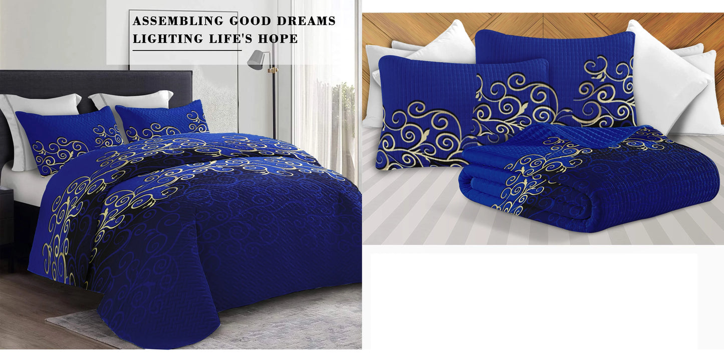 Luxury 9 Piece Bedding Set Royal Blue Satin with Gold Pattern Comforter Duvet Cover Pillowcases Soft Breathable forBedroom Decor