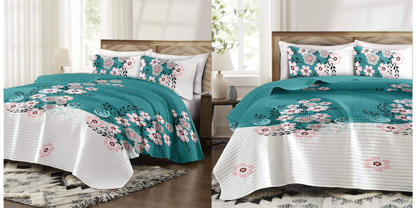9Pcs Twin Size Bed in a Bag with Curtains Teal Floral Boho Bedspread Pillowcases Print Solid Curtains Set