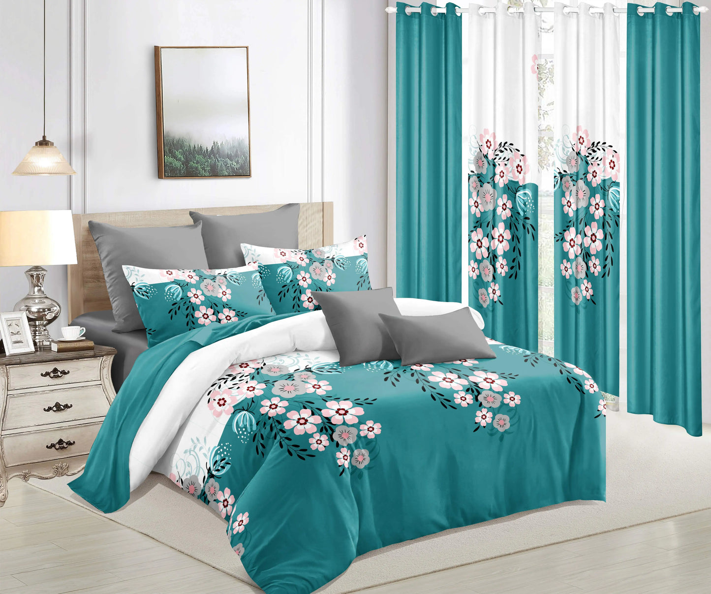 9Pcs Twin Size Bed in a Bag with Curtains Teal Floral Boho Bedspread Pillowcases Print Solid Curtains Set