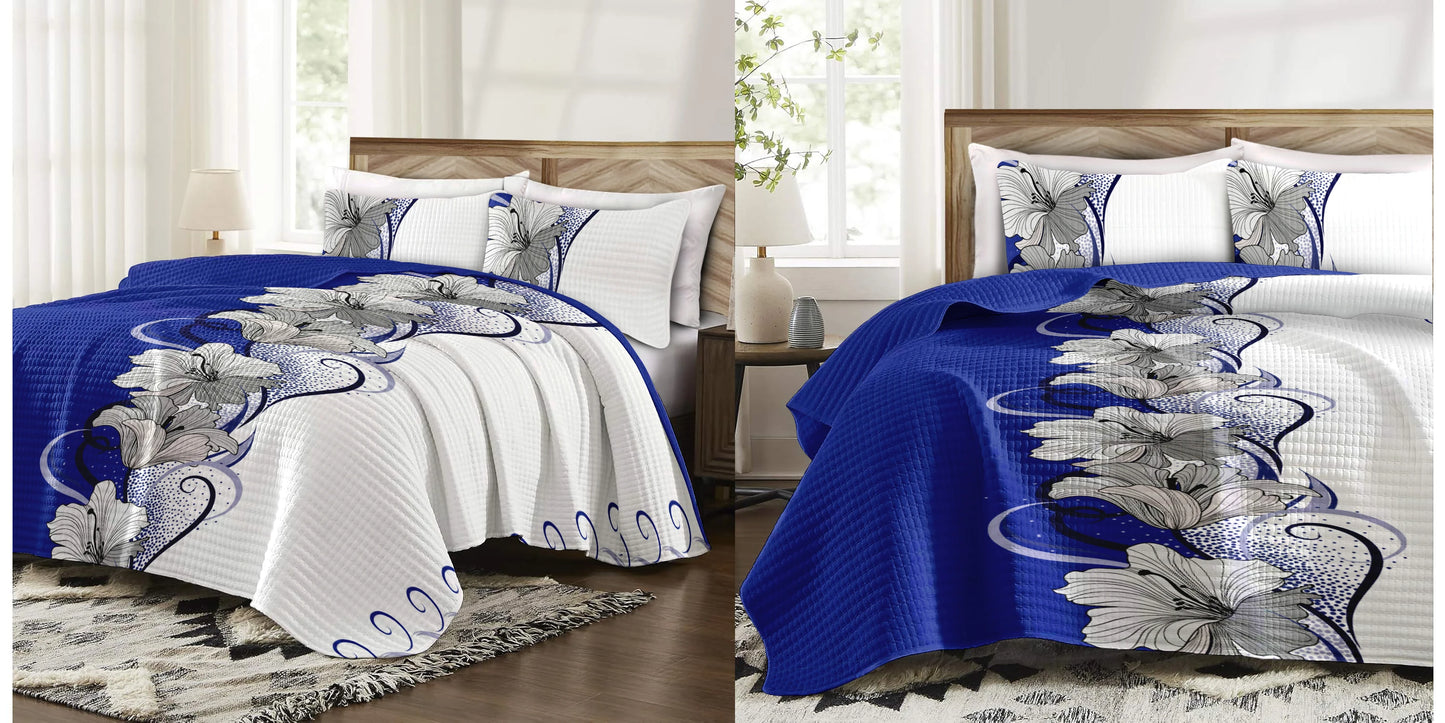 Blue White Floral Quilt Bedding Set 3 Pieces Luxury Soft Bedspread Pillowcases Curtains For Bedroom Home Decor