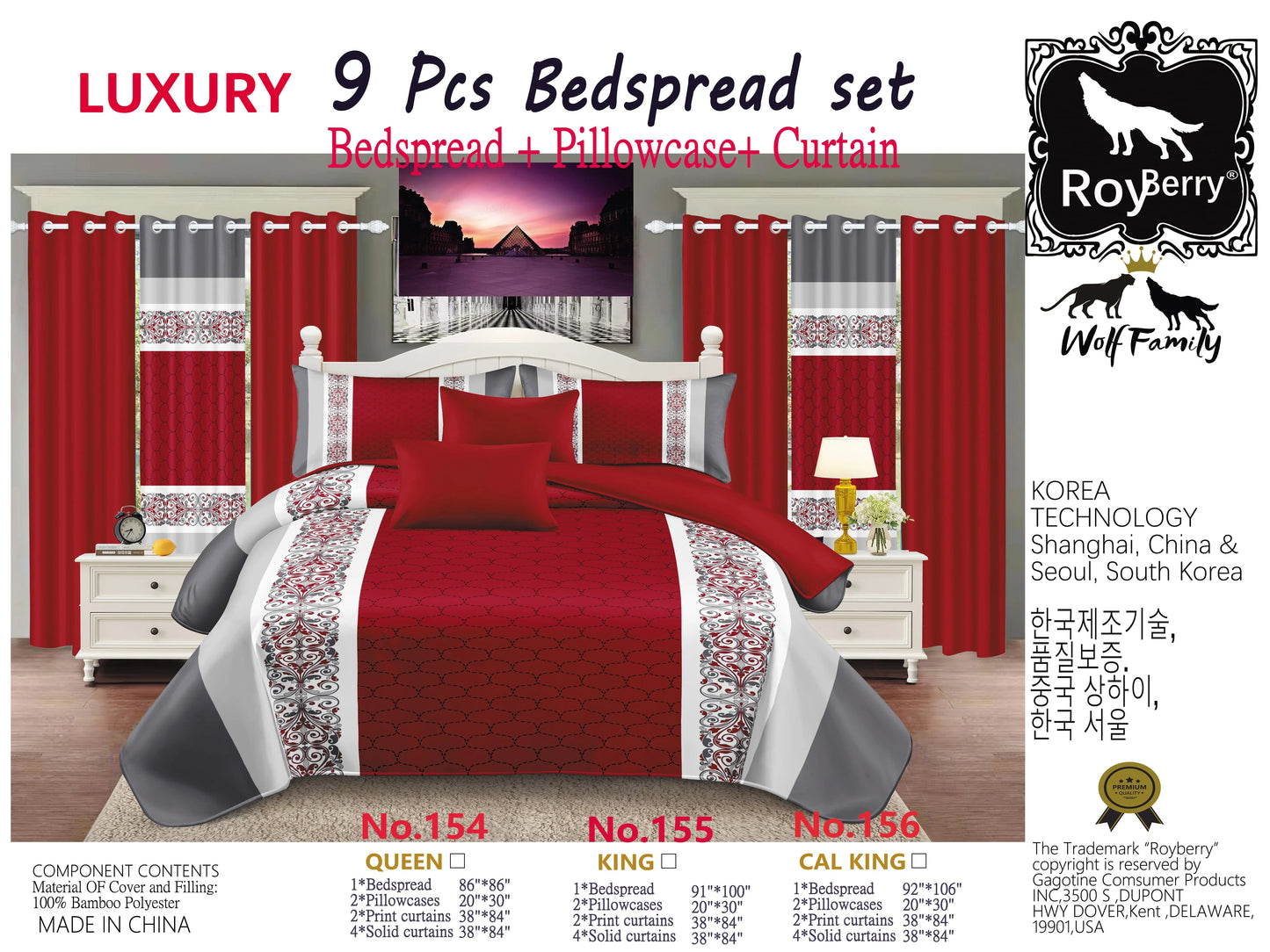 9 Piece Luxury Bedding Set Red Gray Quilted Comforter Pillowcases Curtains Soft Breathable Bed Linen for King Queen Size Bedroom