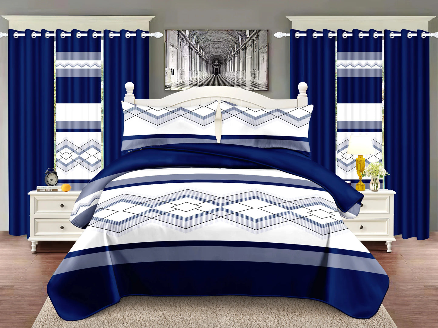 Modern Blue White Geometric 9 Piece Bedding Set Duvet Cover Sheet Pillowcases Curtains Bedroom Bedding Sets for Home