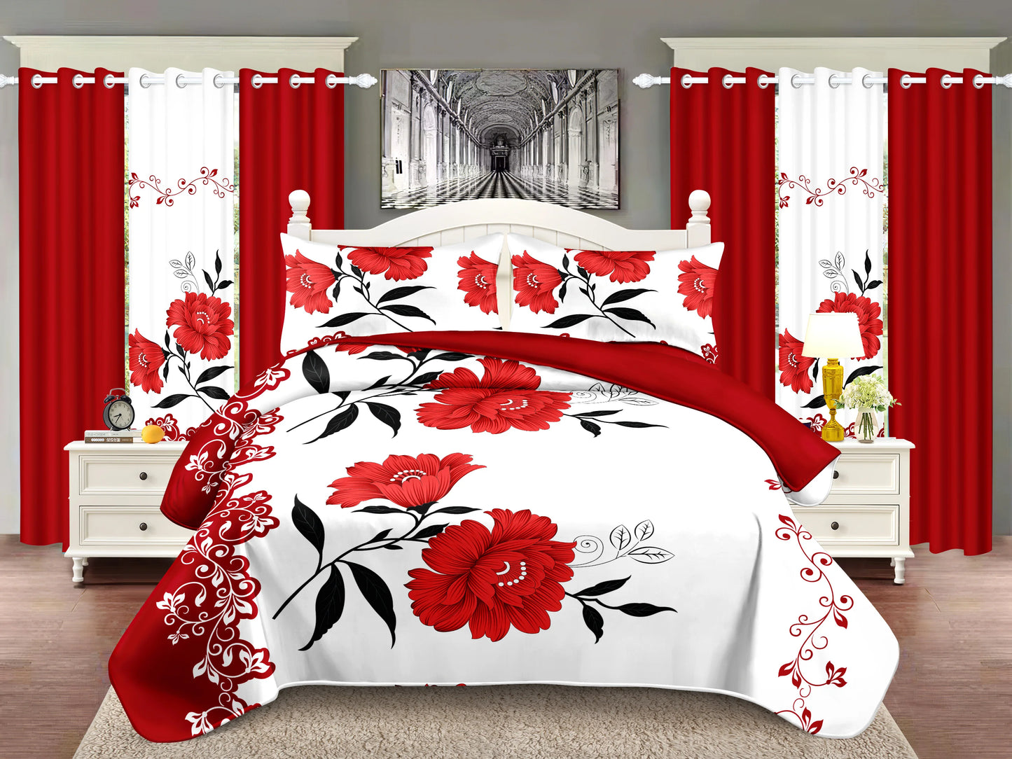 Print 9pcs Bedding Set(1*Bedspread+2*Pillowcases+2*Print Curtains+4*Solid Curtains) Soft  Comfortable Red Rose Flower Pattern