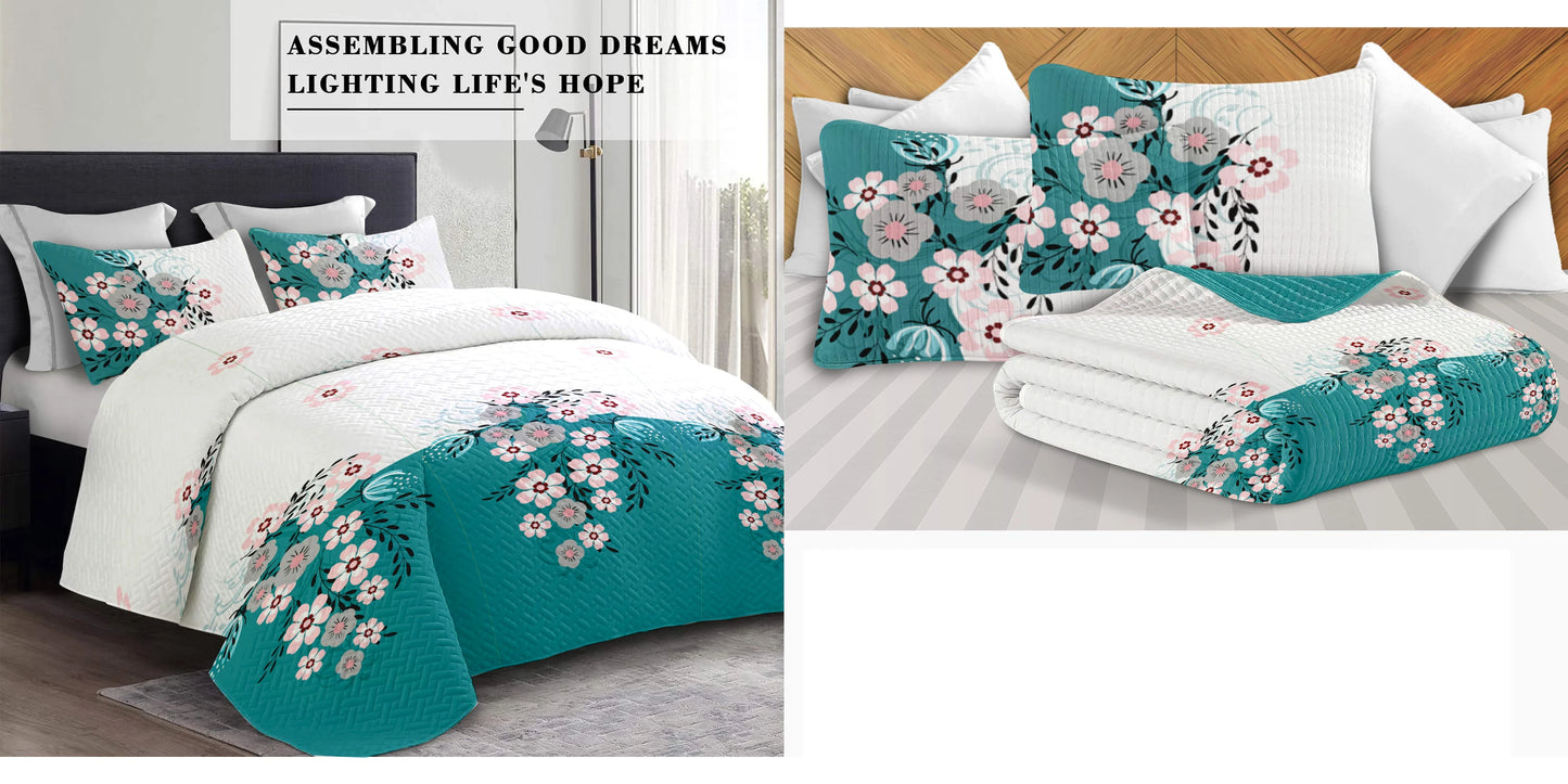 9Pcs Twin Size Bed in a Bag with Curtains Teal Floral Boho Bedspread Pillowcases Print Solid Curtains Set