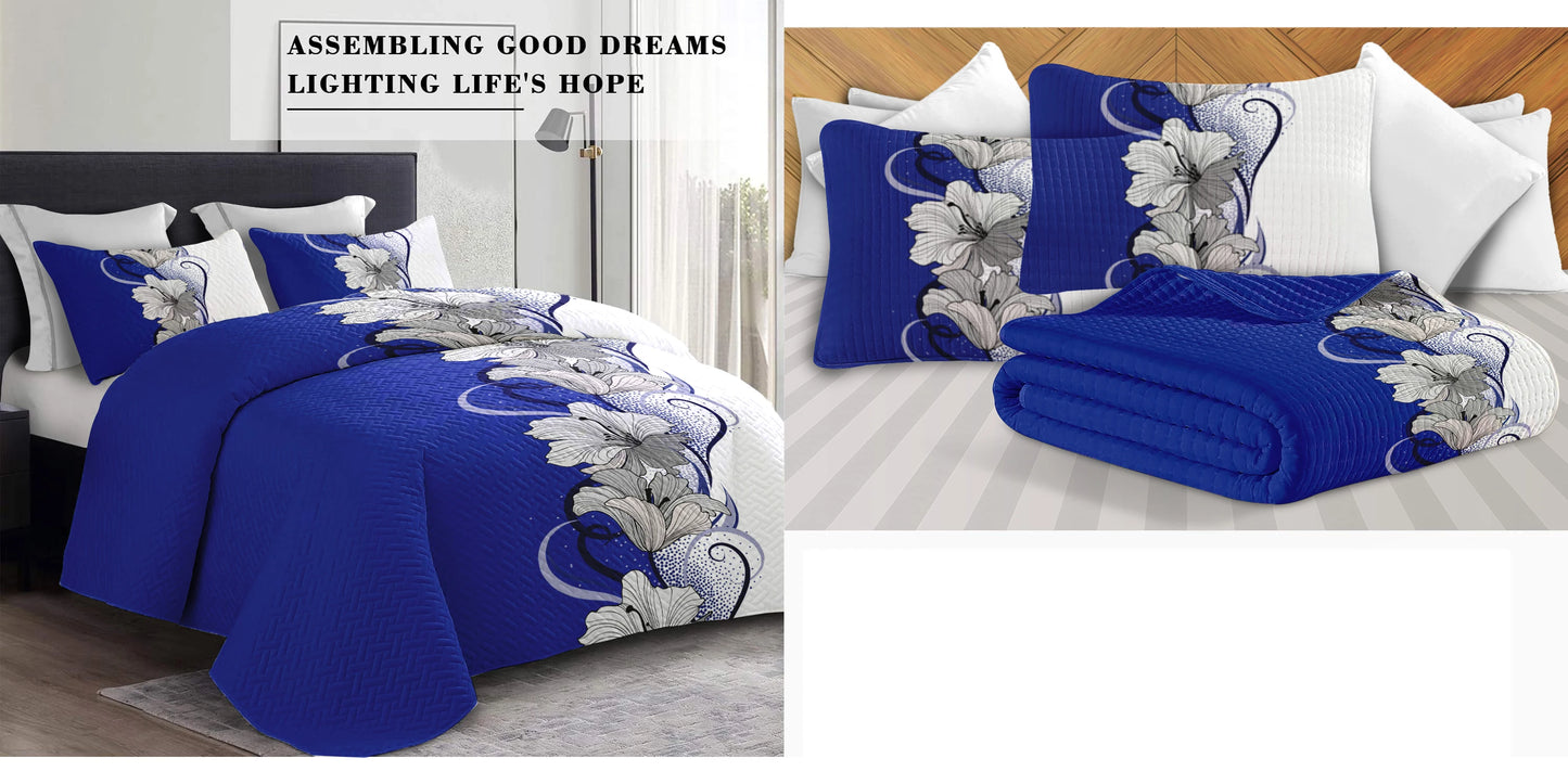 Blue White Floral Quilt Bedding Set 3 Pieces Luxury Soft Bedspread Pillowcases Curtains For Bedroom Home Decor