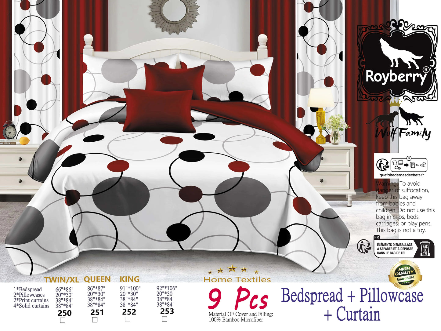 Twin Queen King Size All In One 9 Piece Super Soft Bedspread Curtain Set Lightweight Breathable Home Textile Set