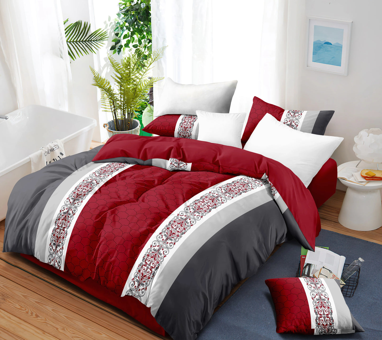 9 Piece Luxury Bedding Set Red Gray Quilted Comforter Pillowcases Curtains Soft Breathable Bed Linen for King Queen Size Bedroom