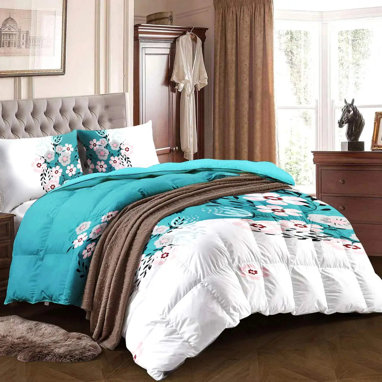 9Pcs Twin Size Bed in a Bag with Curtains Teal Floral Boho Bedspread Pillowcases Print Solid Curtains Set