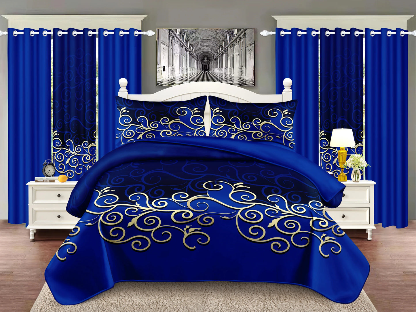 Luxury 9 Piece Bedding Set Royal Blue Satin with Gold Pattern Comforter Duvet Cover Pillowcases Soft Breathable forBedroom Decor