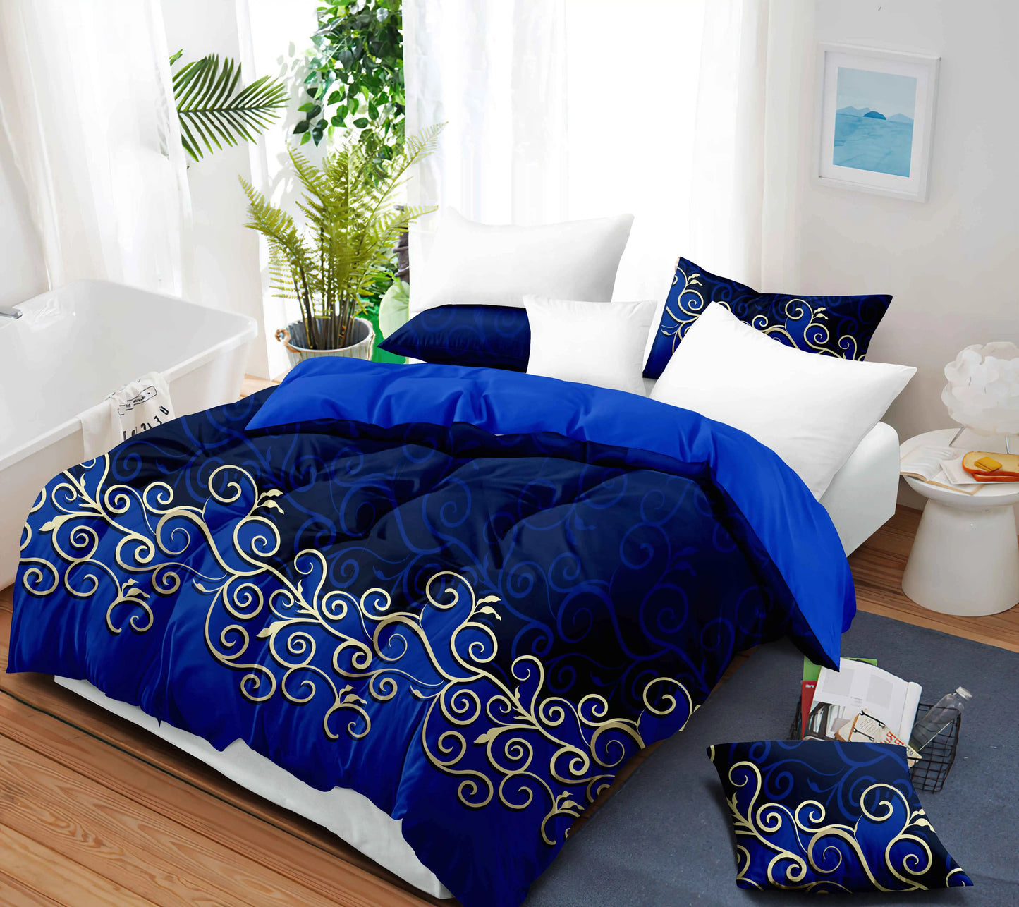 Luxury 9 Piece Bedding Set Royal Blue Satin with Gold Pattern Comforter Duvet Cover Pillowcases Soft Breathable forBedroom Decor