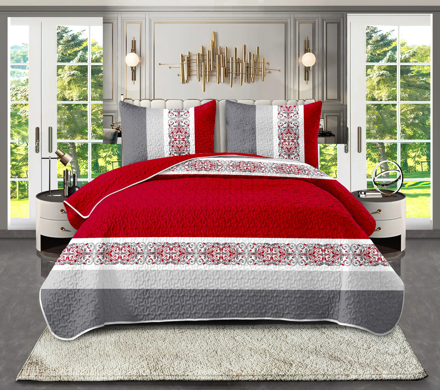 9 Piece Luxury Bedding Set Red Gray Quilted Comforter Pillowcases Curtains Soft Breathable Bed Linen for King Queen Size Bedroom