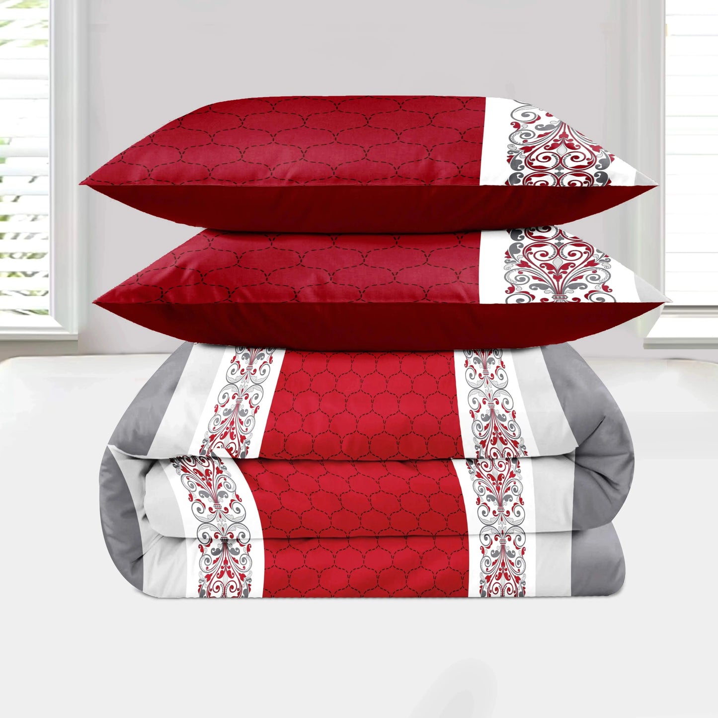 9 Piece Luxury Bedding Set Red Gray Quilted Comforter Pillowcases Curtains Soft Breathable Bed Linen for King Queen Size Bedroom