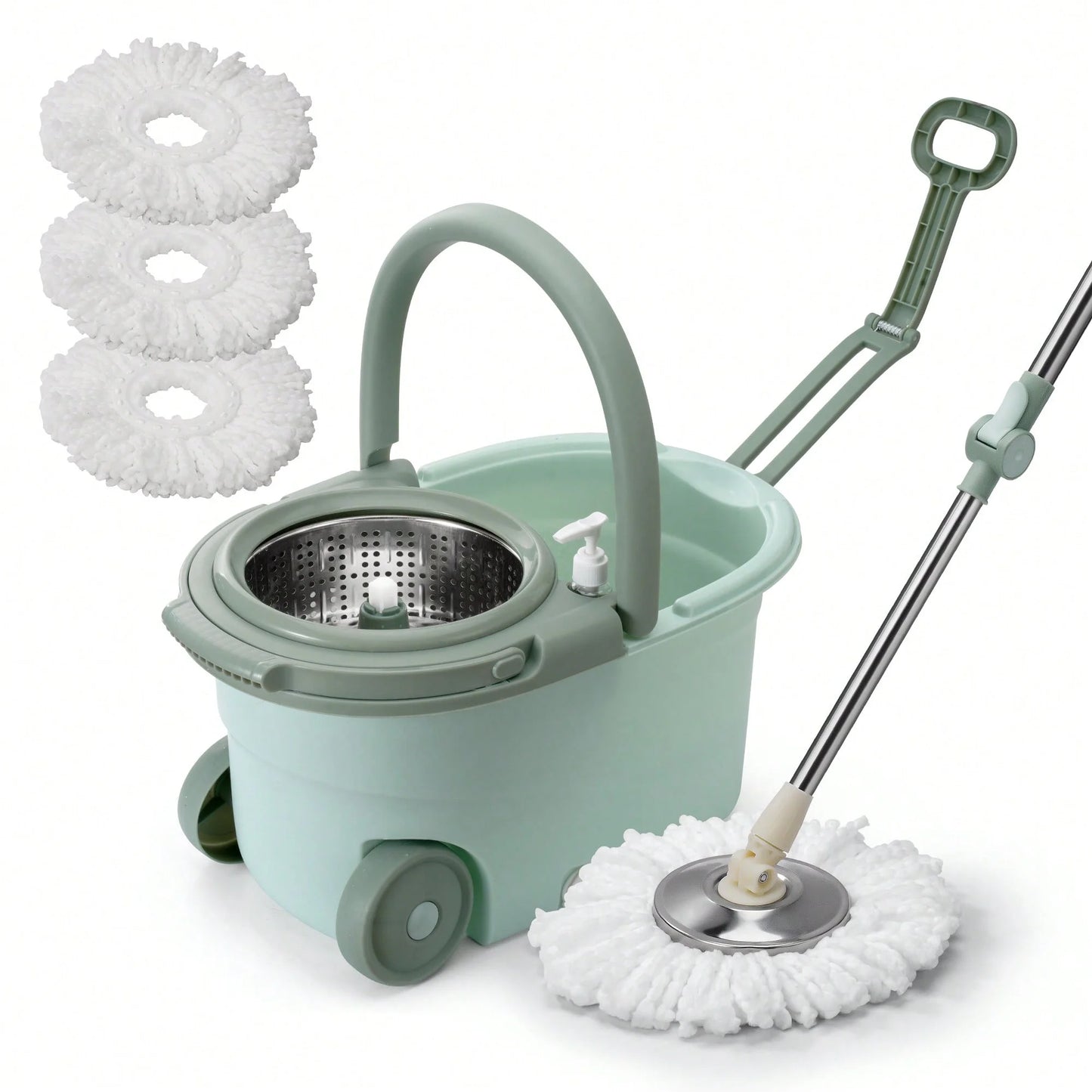 360° Spin Mop and Bucket with Soap Dispenser, 2 Microfiber Mop Heads, 61" Stainless Steel Handle, 20QT EasyWring Floor Cleaning