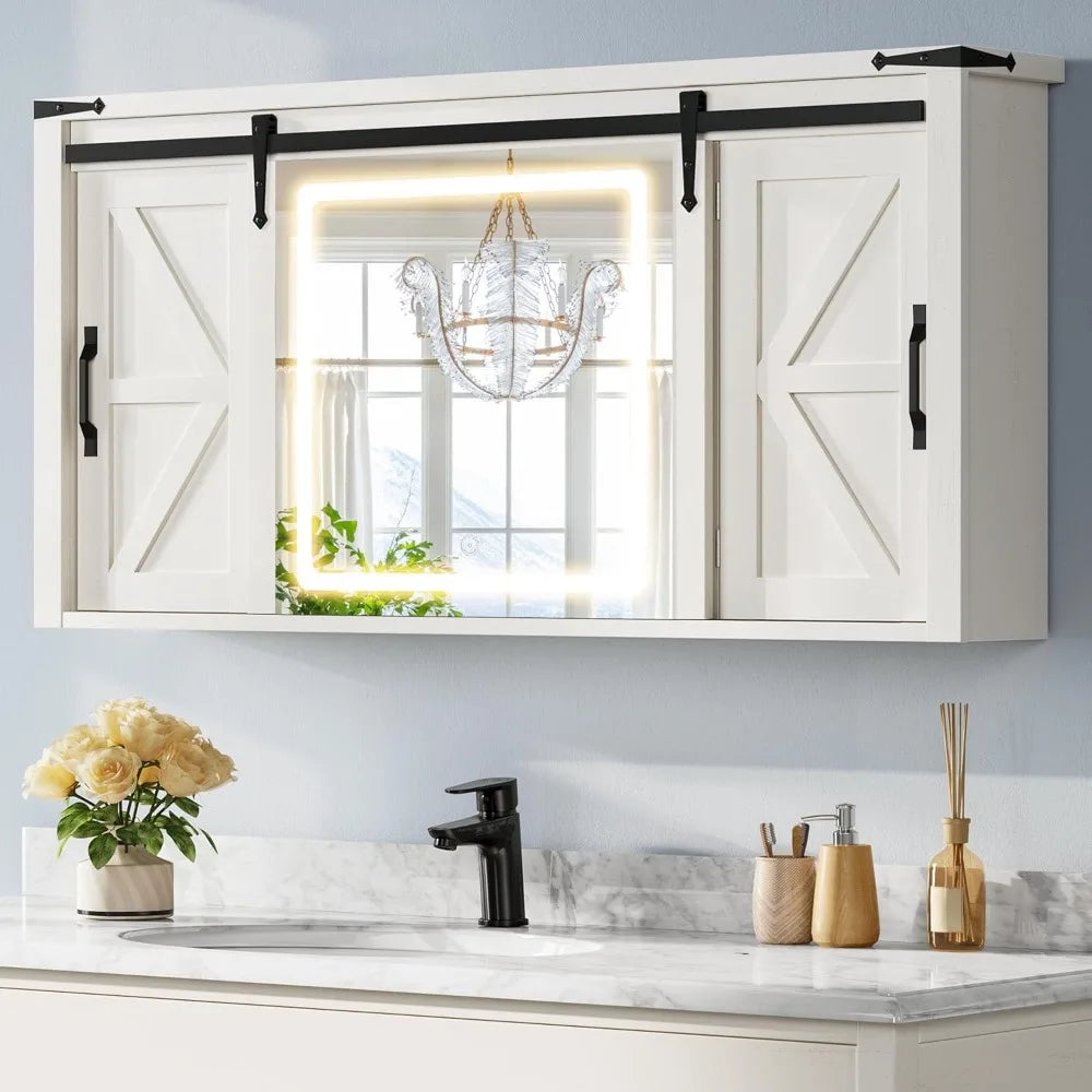 Medicine Cabinet Mirror, Bathroom Wall Cabinet W/lights And Sliding Barn Door, Lighted Medicine Cabinet Storage Cabinets