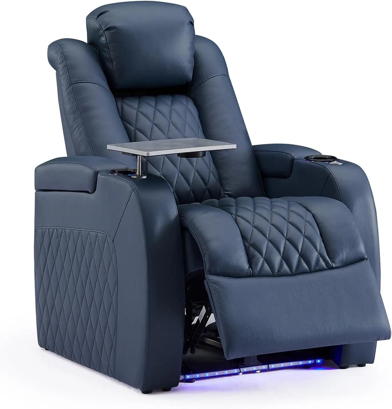 Home Theater Seating Top Grain Leather Recliner Chair,with Tray Table Type-C USB Charge Cup Holders Row of 1 Black