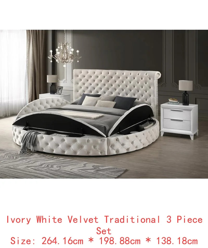 Queen Size Ivory Velvet Button-Tufted Storage Bed Set with 2 Nightstands - Wooden Bedroom Furniture 3pc Set