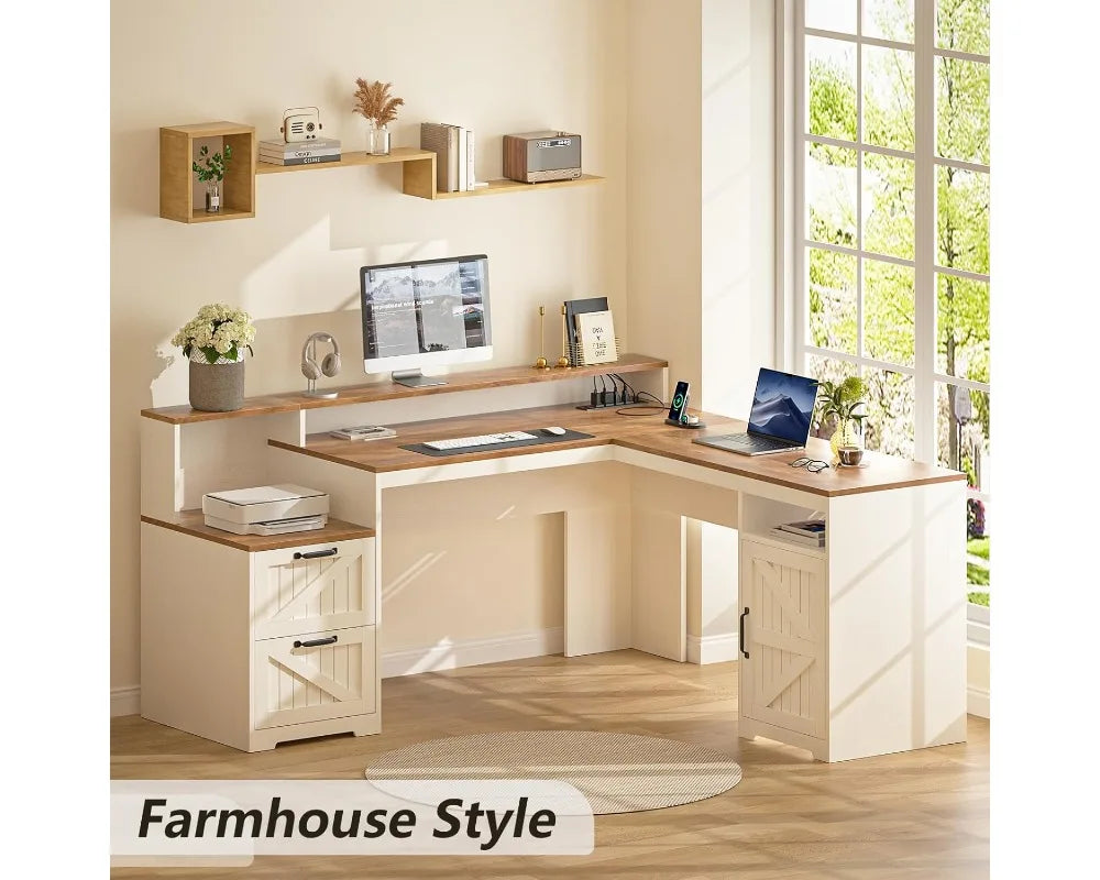 63" L-Shaped Corner Computer Desk with Drawers, Storage Shelf, Power Outlets and Monitor Stand, Antique White