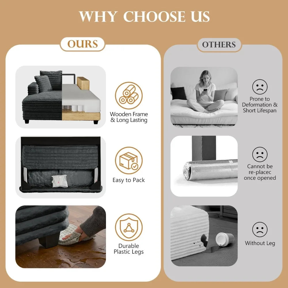 60" Chaise Lounge Chair Indoor, Oversized Comfy Sofa Bed with Pillows & Armrests, Fluffy Plush Faux Fur Sleeper Couch Lazy Chair