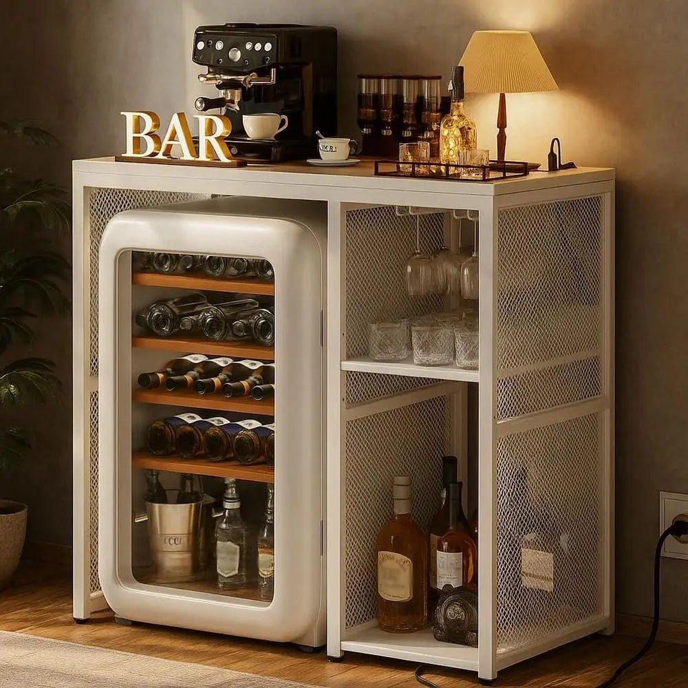 Mini ridge Stand with Power Outlet, Coee Bar Cabinet with Mini ridge Space, Industrial Liquor Cabinet with Wine Rack & Glass Hol