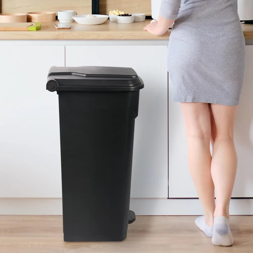 27 Gallon Step-On Trash Can/Container, Black Plastic Dustbin with Lid and Foot Pedal, Hands-Free Disposal