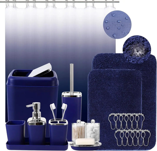 24-Piece Navy Blue Bathroom Set with Ombre Shower Curtain and Absorbent Rugs, Includes Trash Can and Accessories