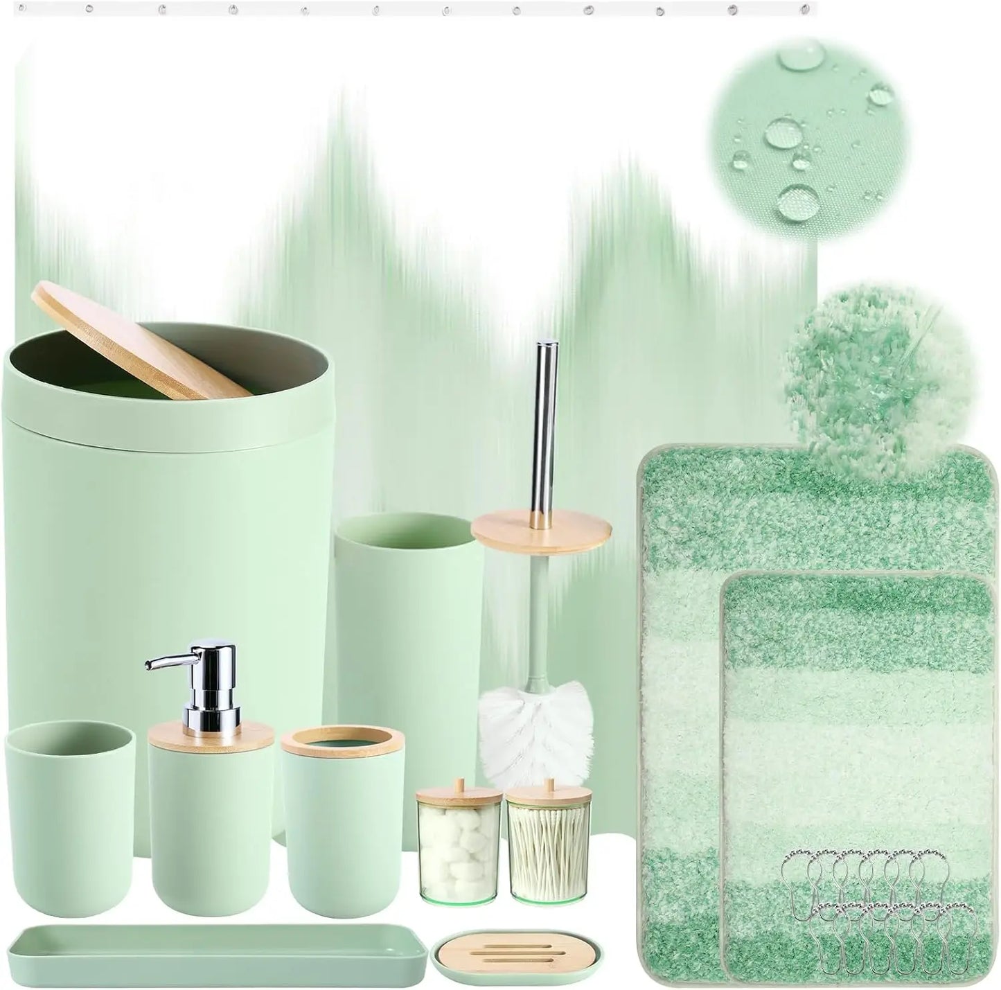 Green Ombre Waterproof Shower Curtain Set with Ultra Absorbent Rug, Complete Bathroom Accessories for Home Decor