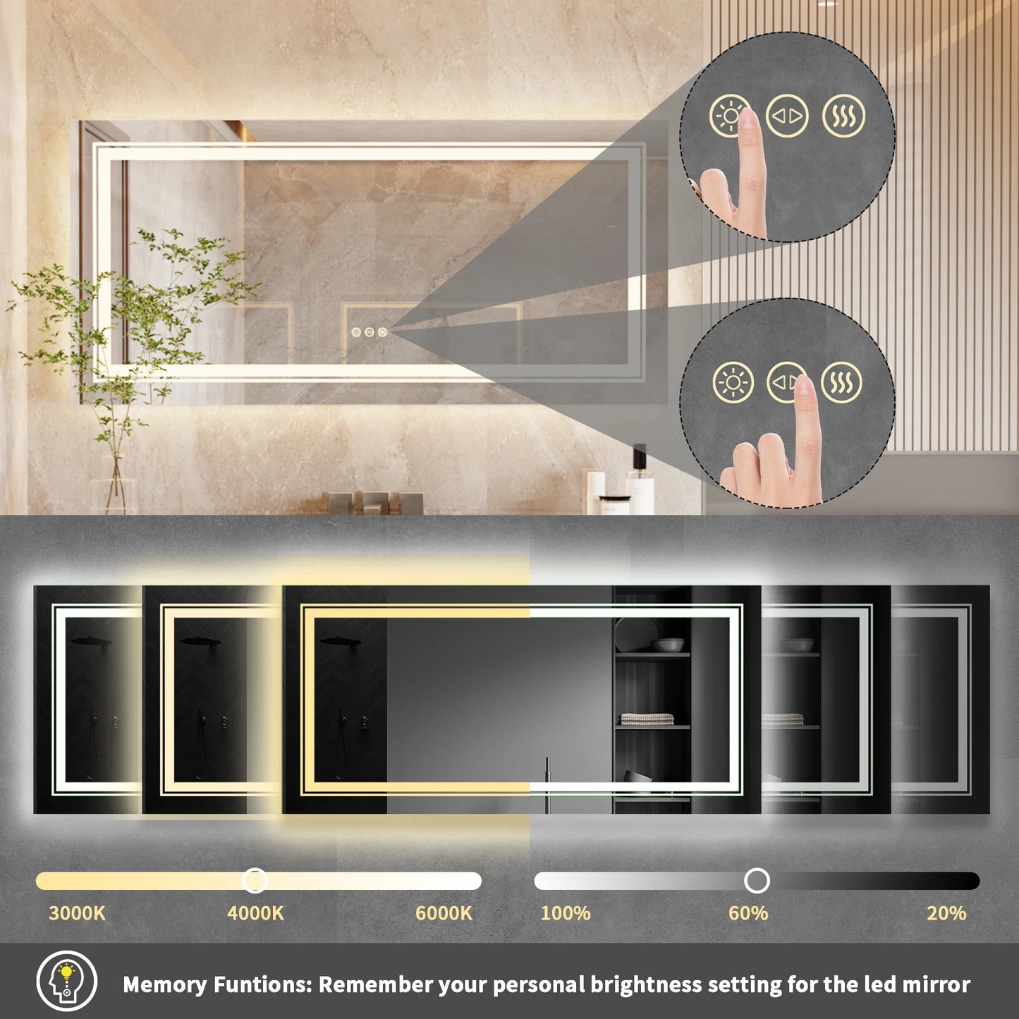 Large Wall-Mounted LED Illuminated Bathroom Mirror Touch Antifog Vanity Mirror Dimmable Commercial-Grade 42"