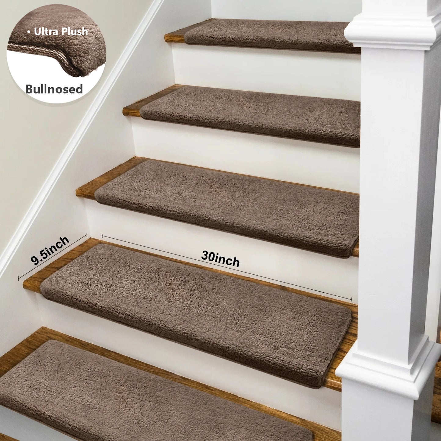 Bullnose Non-Slip Stair Treads -Ultra Plush- Washable Self-Adhesive Carpet Mats, Safety for Elderly & Pets, Peel & Stick Decor