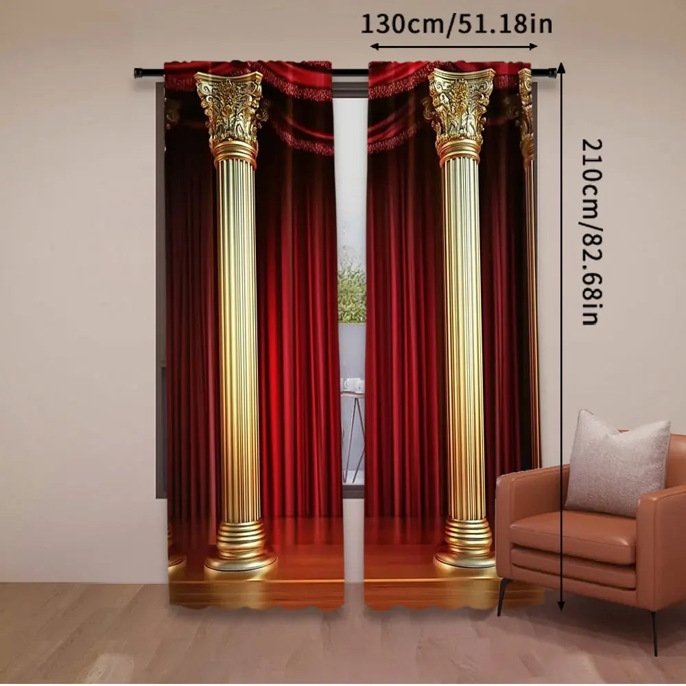 2Pcs Red Curtains With Golden Pillars Pattern Curtains For Window Decoration Suitable For All Seasons For Bedrooms Kitchens