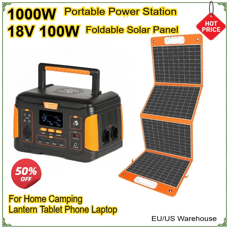 932.4Wh 1000W Portable Power Station Solar Generator Battery with Solar Panel 100W Complete Kit for Home Camping EV RV Trip