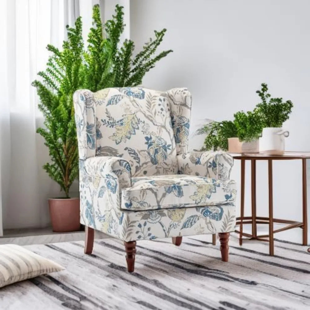 Floral Accent Chair, High Back Upholstered Armchair with Solid Legs, Leisure Single Sofa Chair for Living Room, Bedroom
